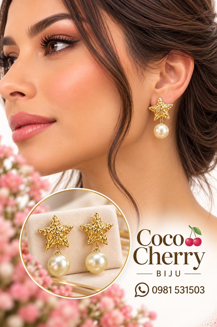 Aretes Estrella & Perla de Coco Cherry Biju ✨